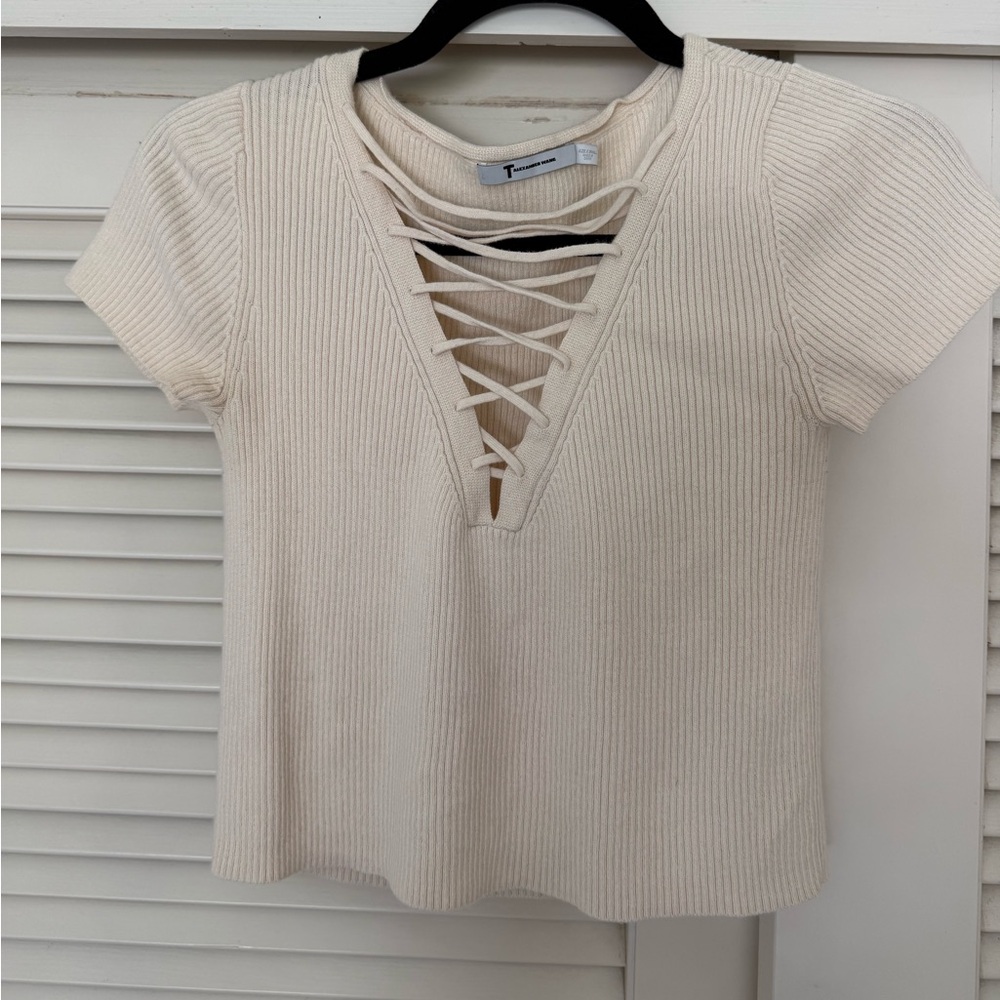 Cream Ribbed Lace-Up Top